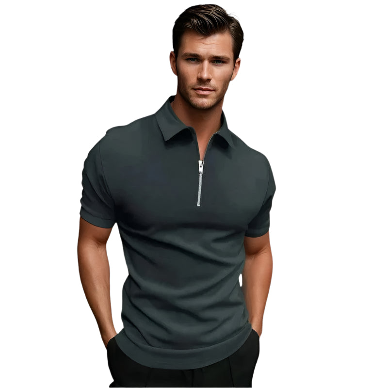 Herre golfskjorte med glidelås, kortermet og elastisk polyester. Perfekt for komfortabel golf og fritid.