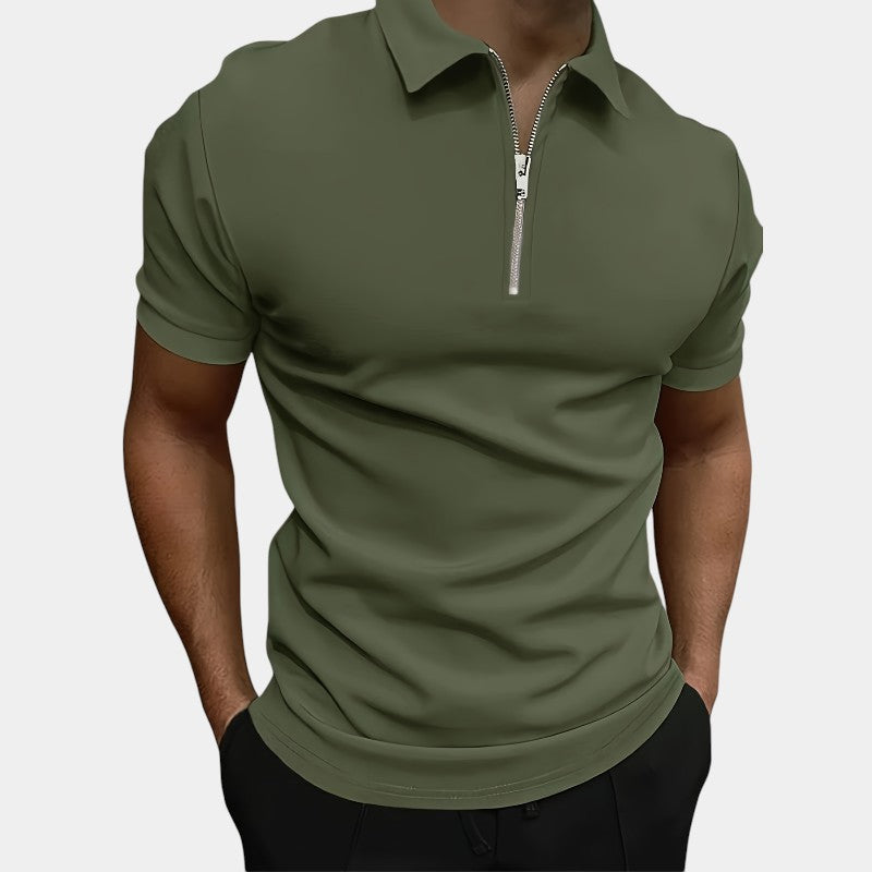 Kortermet herre golfskjorte, ideell sommerskjorte. Elastisk polyester med glidelås for sport og fritid.