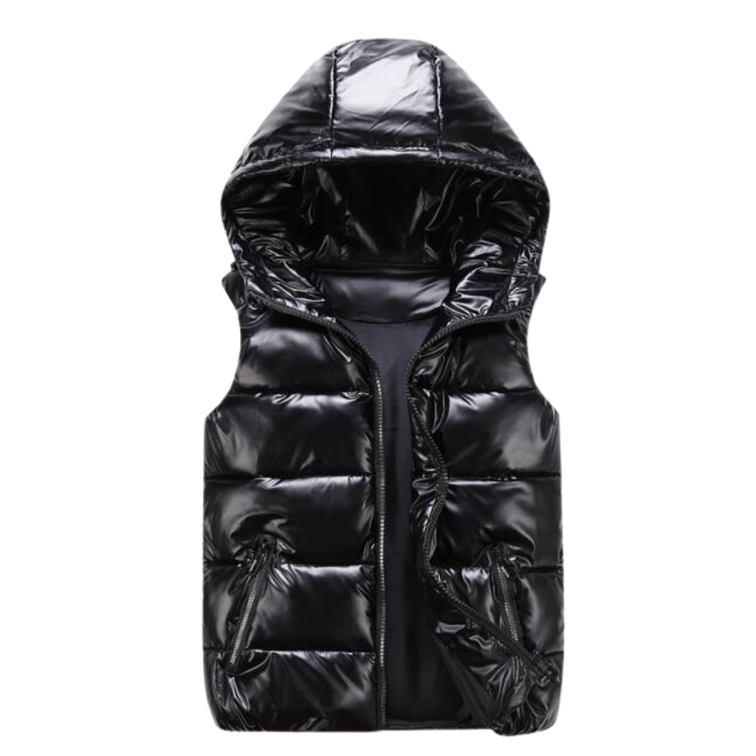Detalj av isolert herre hettevests tekstur. Varmt, komfortabelt ytterplagg for menn. Ideelt for høst og fritid.
