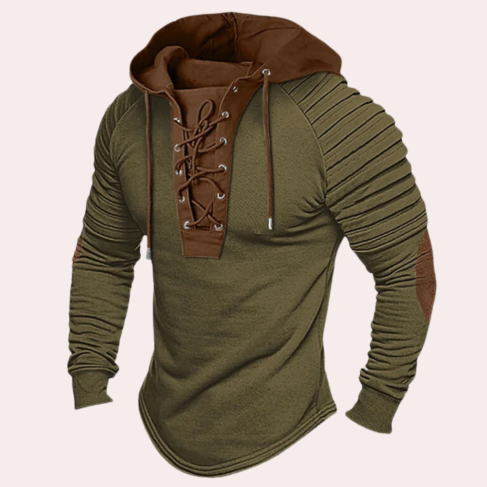Stilig herre hettegenser med snørebånd i beige, svart og grønn. Din nye komfortfavoritt til hverdags.