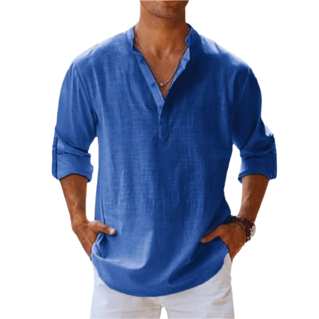 Herre langermet henley-skjorte i ensfarget design, perfekt for casual vår- og sommerdager.