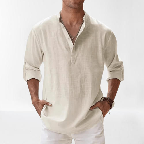 Herre henley-skjorte med lang erm, knappestolpe og moderne passform. Komfortabel og casual.