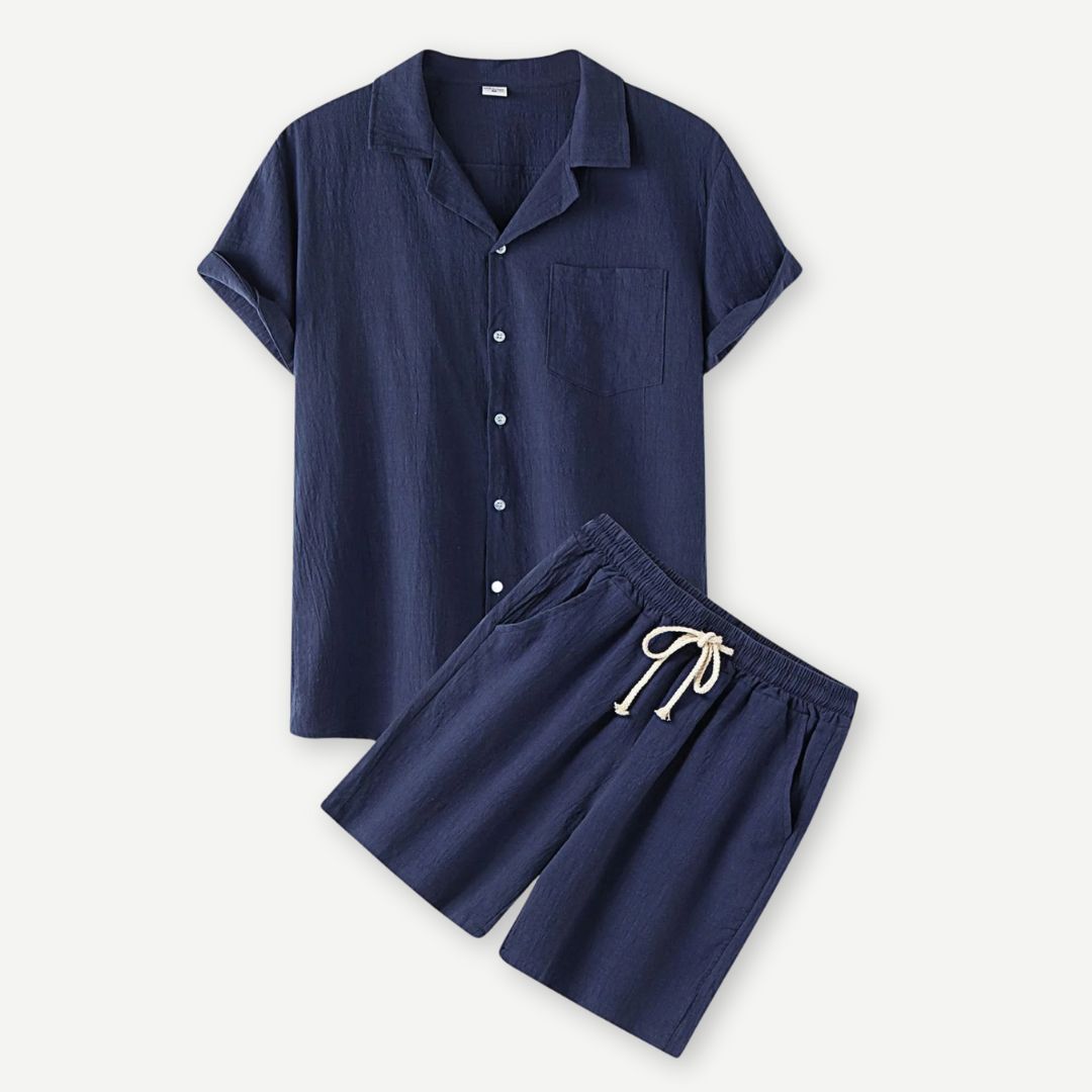 Komfortabelt herre linblandingssett, perfekt for sommer, med tidløst design.