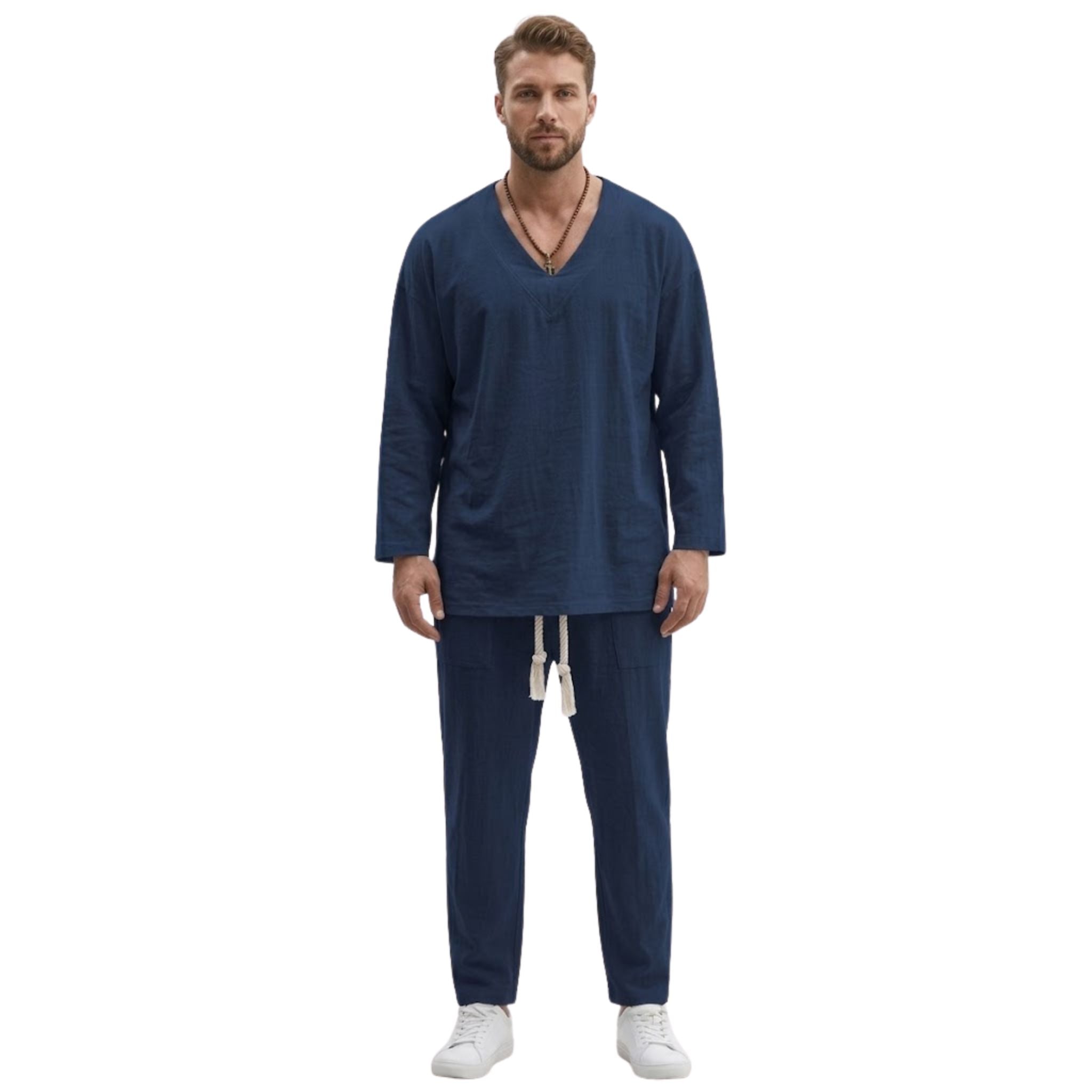 Stilfullt herre loungewear sett med V-hals og avslappede bukser, perfekt for fritid og hjemmebruk.