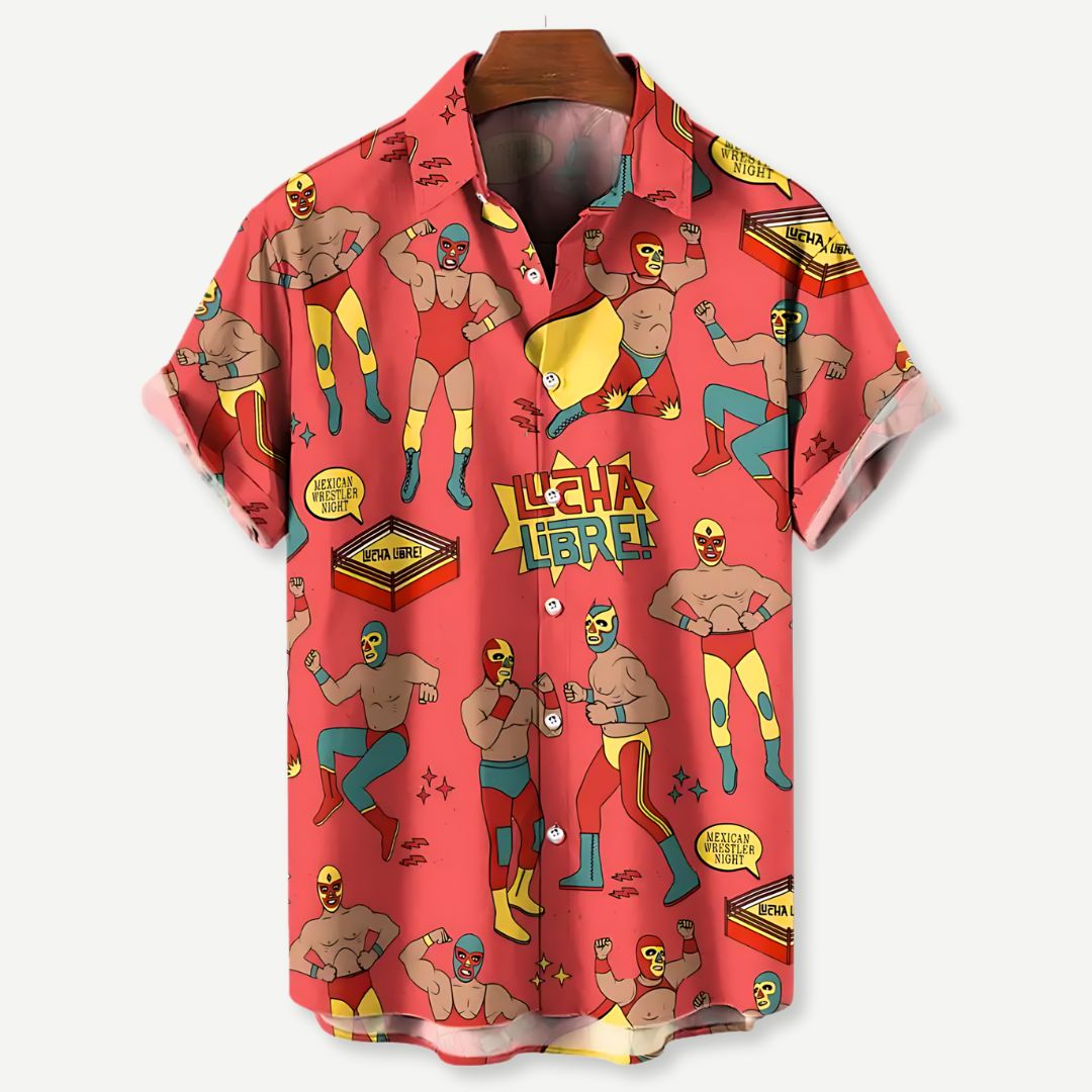 Festlig Lucha Libre herreskjorte med fargerikt grafisk design. Komfortabel og pustende for avslappet herremote.
