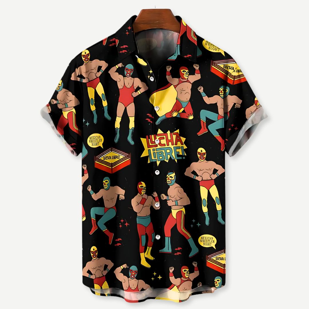 Stilig herreskjorte med Lucha Libre-tema. Lettvekt, pustende og komfortabel for en kul sommer- og feststil.