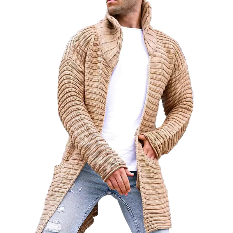 Herre oversized cardigan med turtleneck, åpen front, ideell for høst/vinter lag-på-lag og uformell stil.