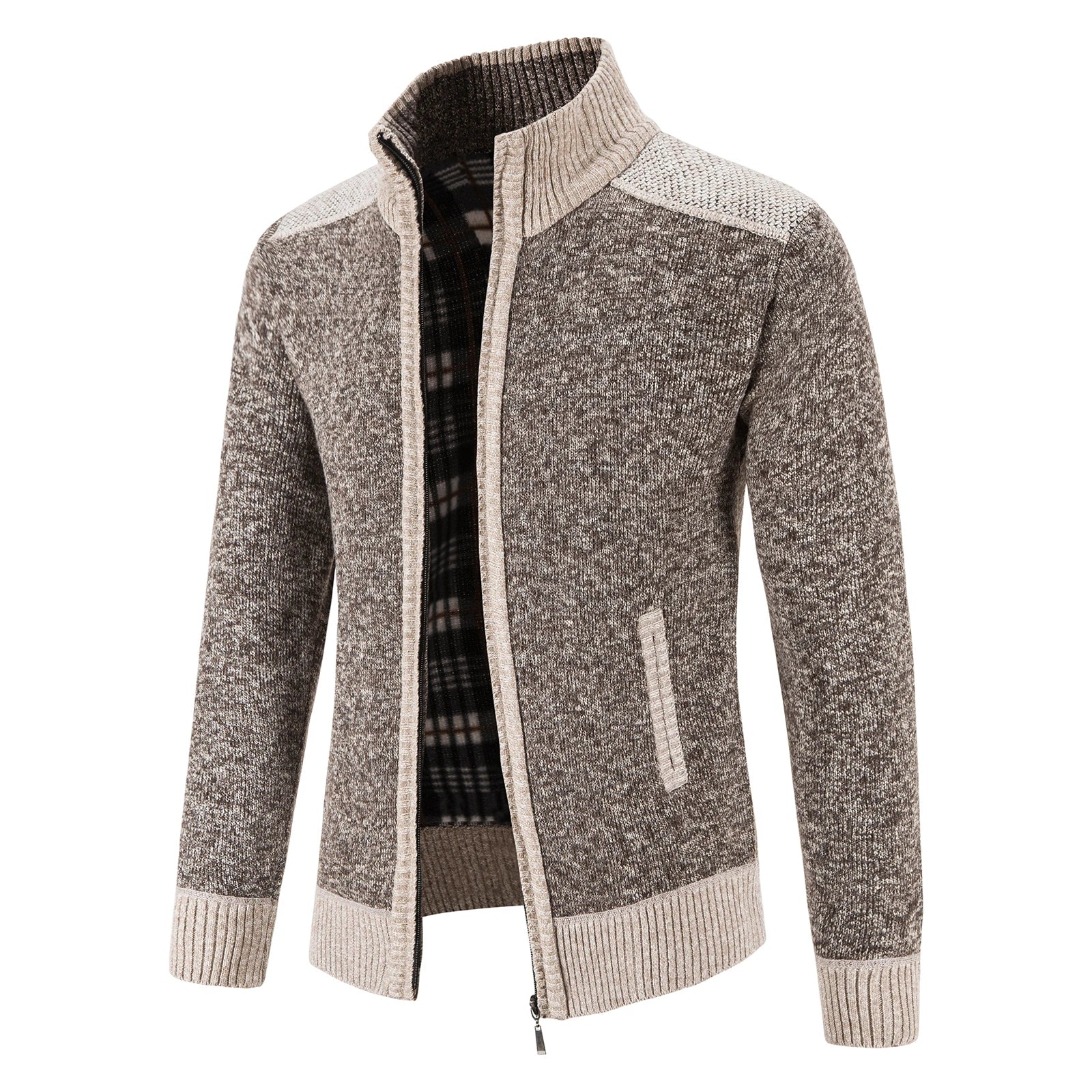 Herre patchwork strikk cardigan. Varm, uformell høst/vinter herregenser med unik stil.