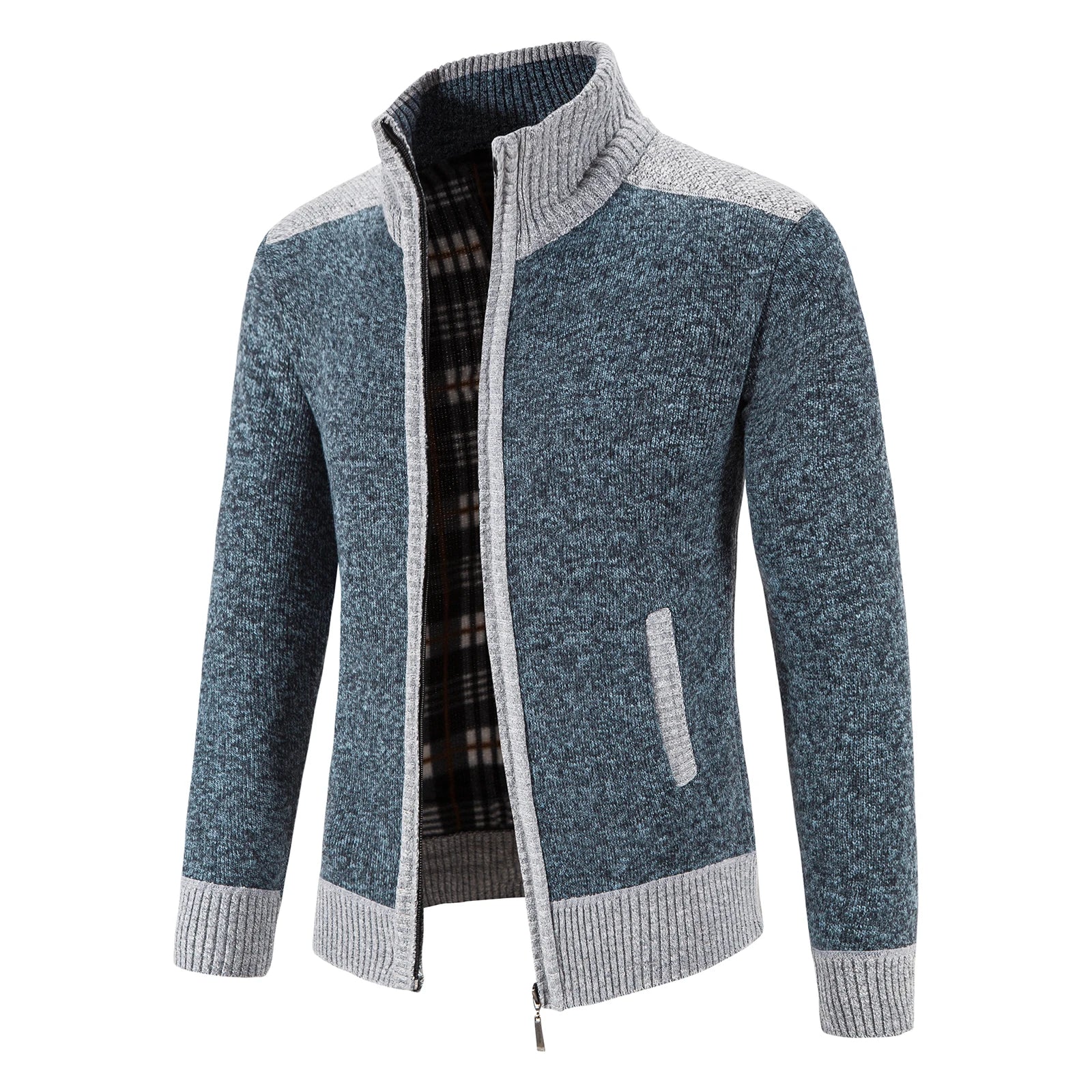 Komfortabel herre strikkecardigan i patchwork design. Perfekt for kjølige høst- og vinterdager.