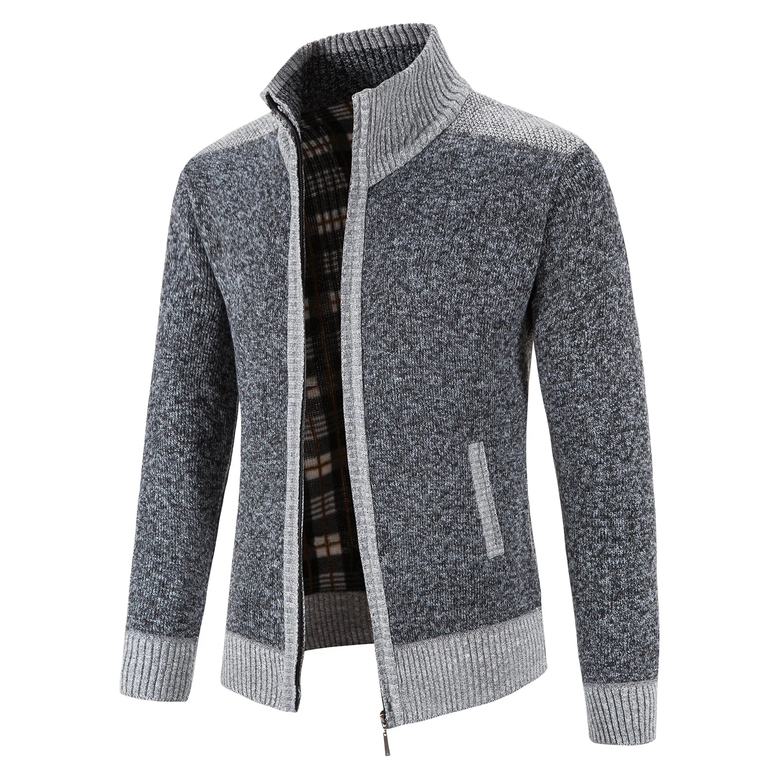 Allsidig herre strikkegenser cardigan med patchwork-mønster. Elegant høst- og vinterklær.