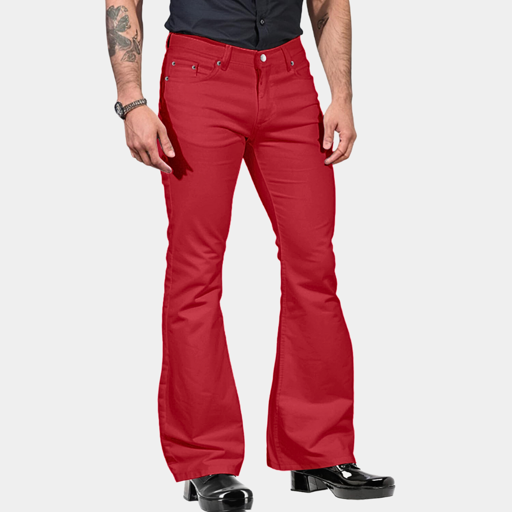 Motebevisste herrebukser med flare og retropreg. Stilfull og komfortabel stretchbukse for vintage look.