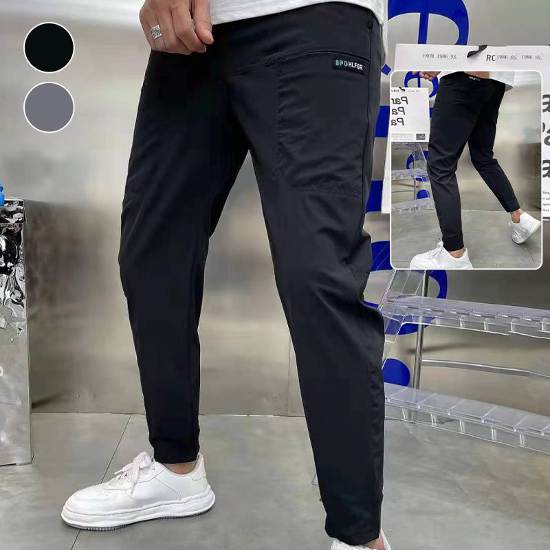 "Herre skinny cargo-bukser, høy stretch, flere lommer, svart farge, moderne design for stilfulle menn."