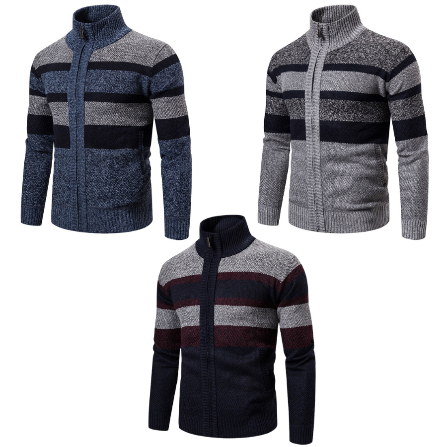 Herre strikket smal passform cardigan med trendy stripete mønster. Perfekt for lag-på-lag.