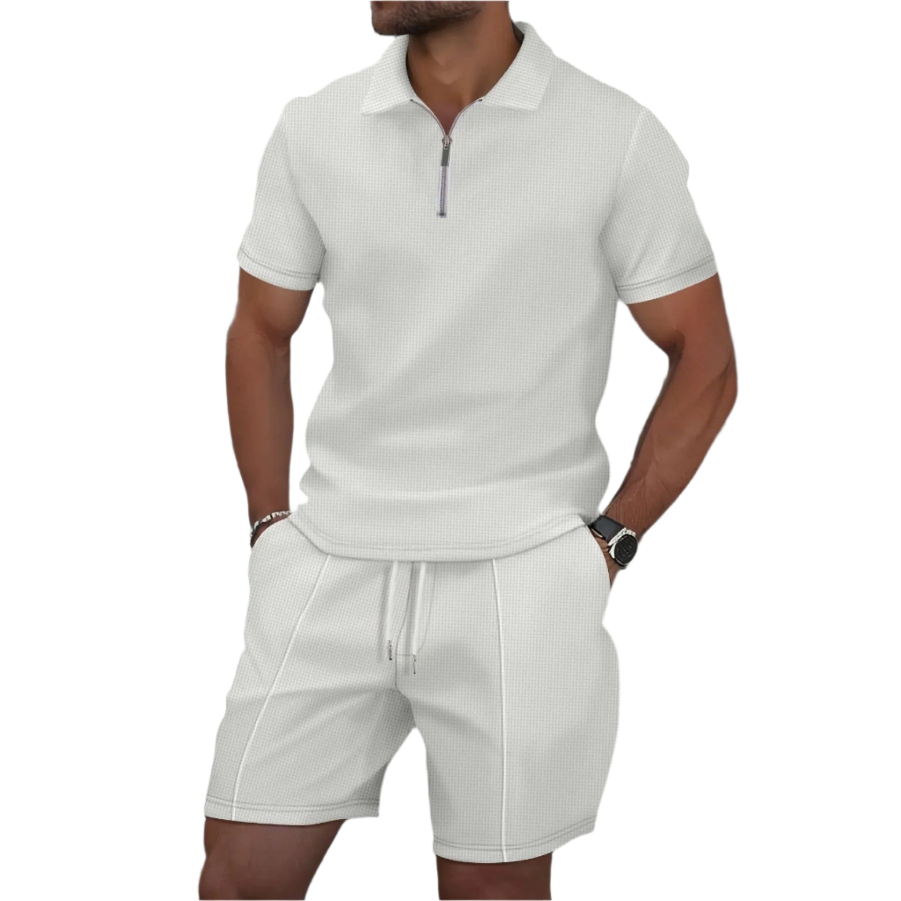 Herre sommersett i vaffelstruktur med glidelås og shorts. Komfortabelt todelt fritidsantrekk for varme dager.