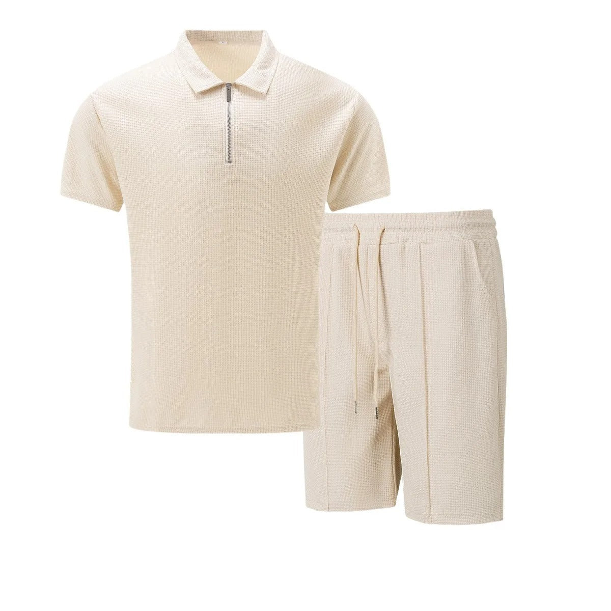 Komplett sommerantrekk for menn: Glidelås overdel og shorts. Elegant vaffelstruktur for komfortable dager.