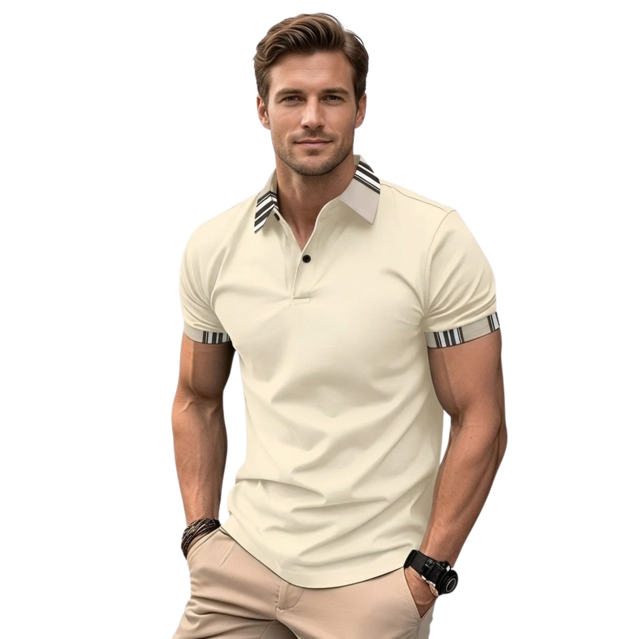 Herre stripete t-skjorte med krage, kortermet og komfortabel i polyester for sommerbruk. Stilfull for menn.