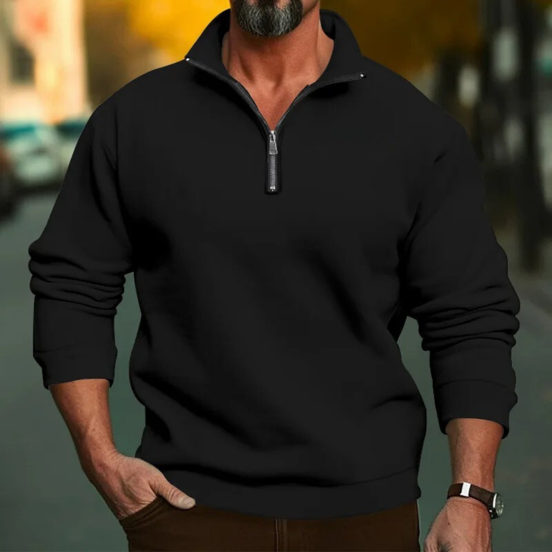 Herre sweatshirt, frontbilde. Halv glidelås, ståkrage. Komfortabel og stilfull genser for menn.