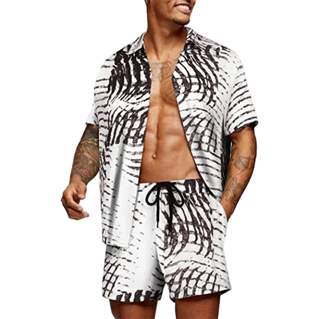 Herre todelt sett med kortermet skjorte og shorts. Avslappet passform, perfekt for sommerstil og fritid.