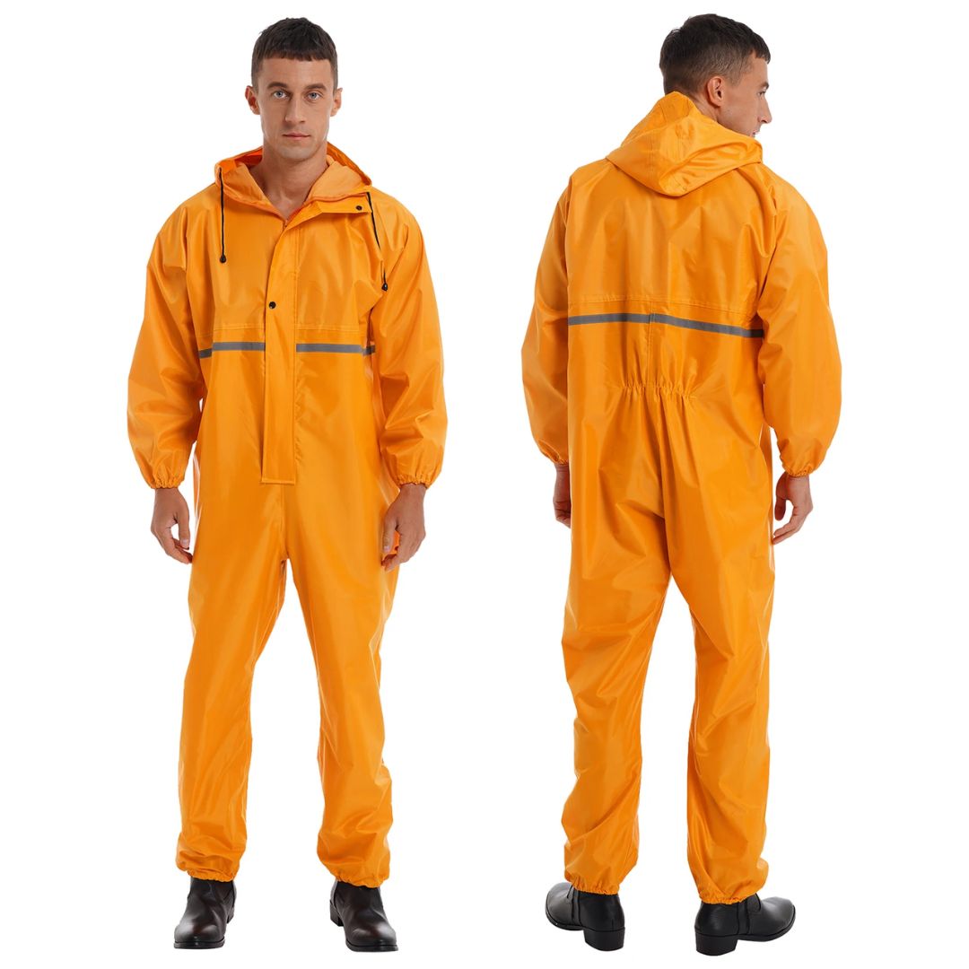 Herre vanntett sikkerhetsdress med hette, reflekterende striper for høy synlighet på arbeidsplassen.