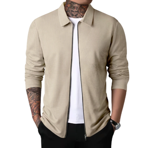 Herrecardigan med krage og glidelås i komfortabel, uformell stil. Perfekt for høst og vinter.