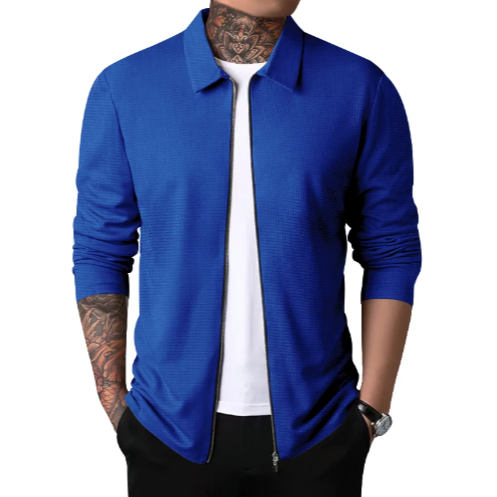 Klassisk herre cardigan med glidelås foran og krage, utmerket for lag-på-lag-bruk.
