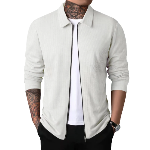 Mote for menn: En komfortabel herrecardigan med krage og glidelås, ideell for kaldere dager.