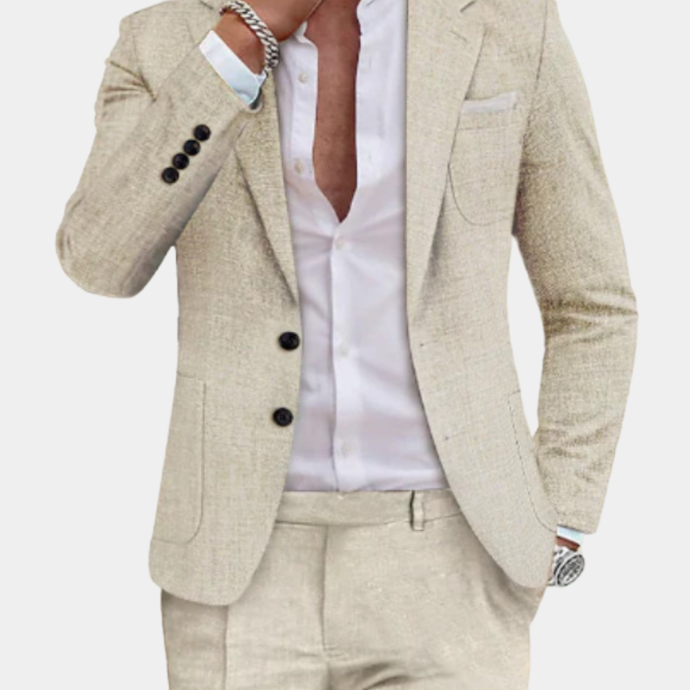 Herredress i beige, elegant design, stilren tofarget knapp, skreddersydd passform, perfekt for sofistikerte anledninger.