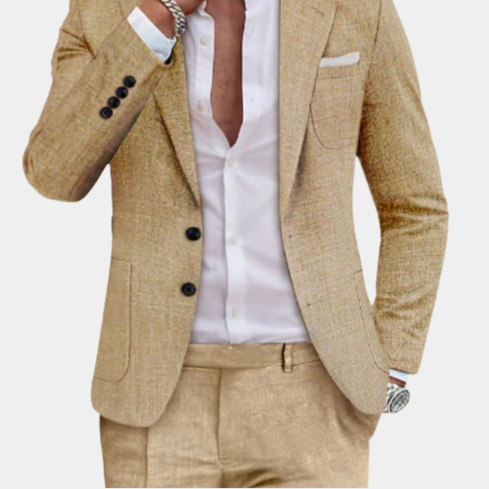 Herredress i beige, elegant design, stilren tofarget knapp, skreddersydd passform, perfekt for sofistikerte anledninger.