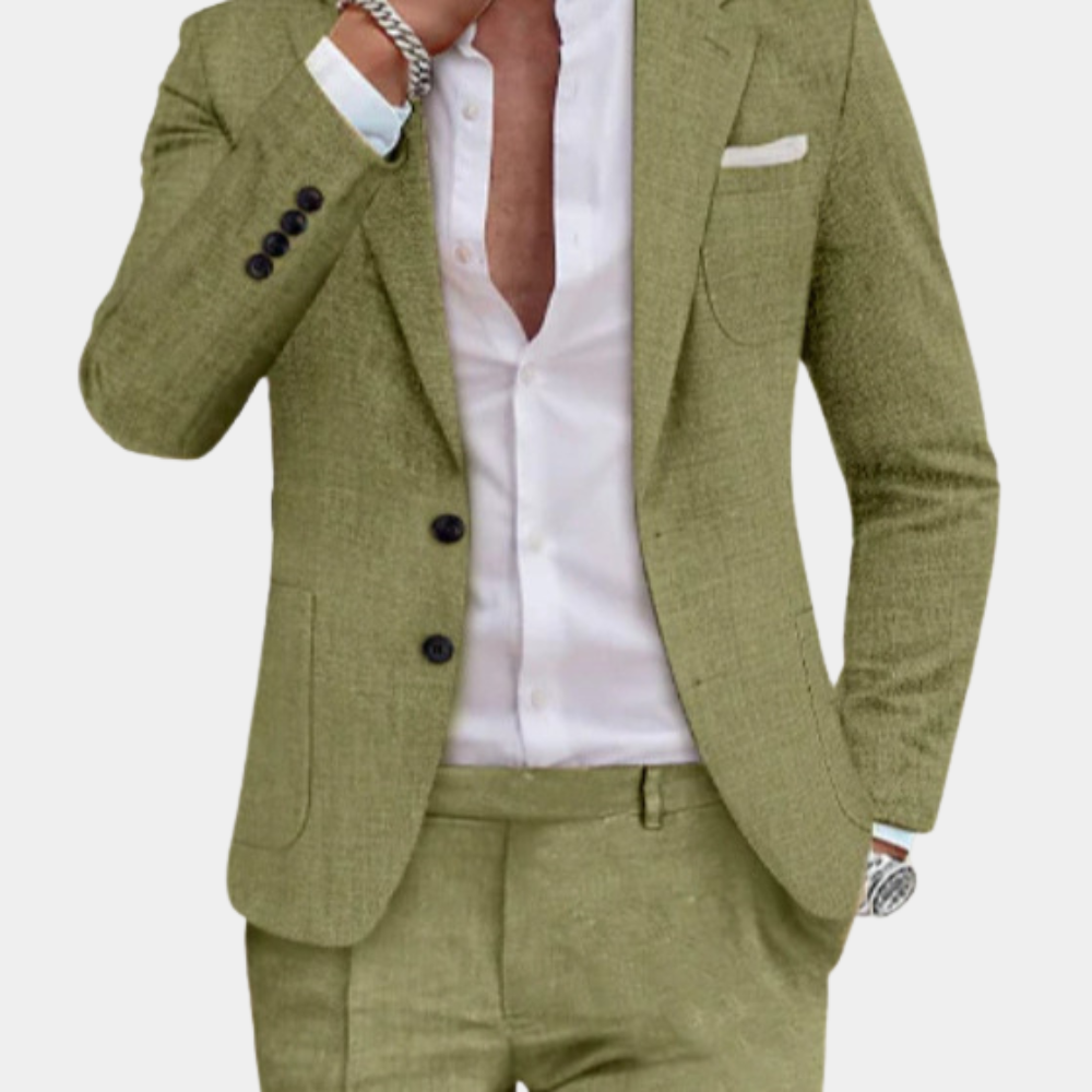 Herredress i beige, elegant design, stilren tofarget knapp, skreddersydd passform, perfekt for sofistikerte anledninger.