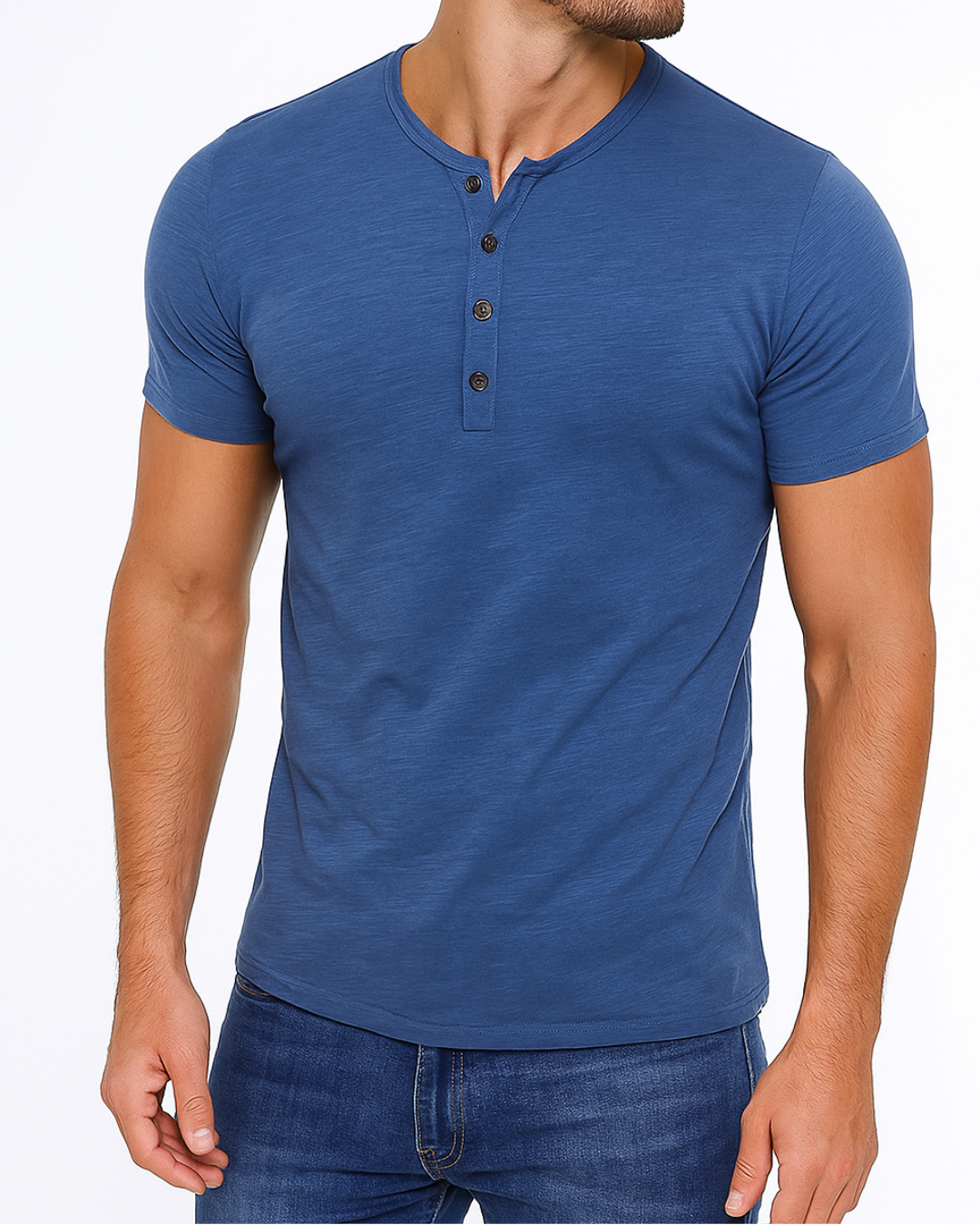 Casual Henley skjorte for menn med kortermet design og karakteristisk knappelukking.