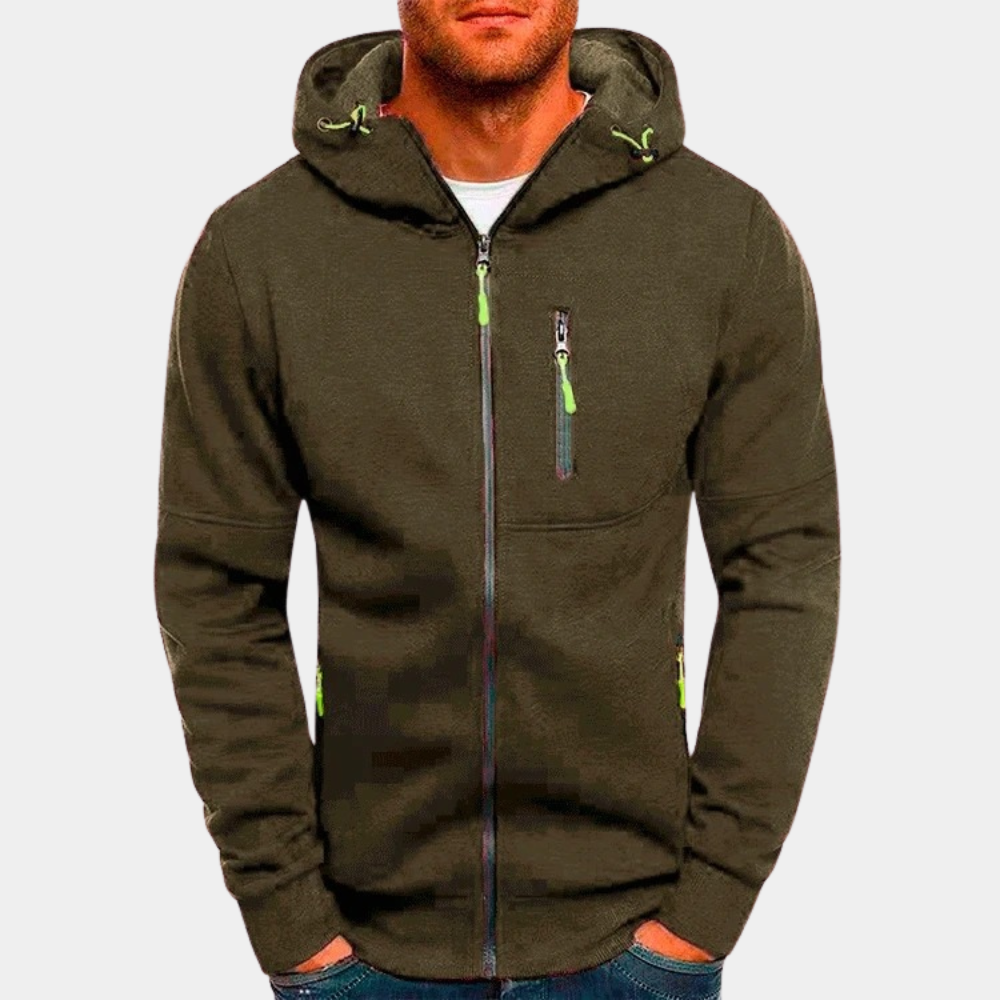 Komfortabel, varm herresweater med hette og glidelås, flerfarget for en avslappet hverdag.
