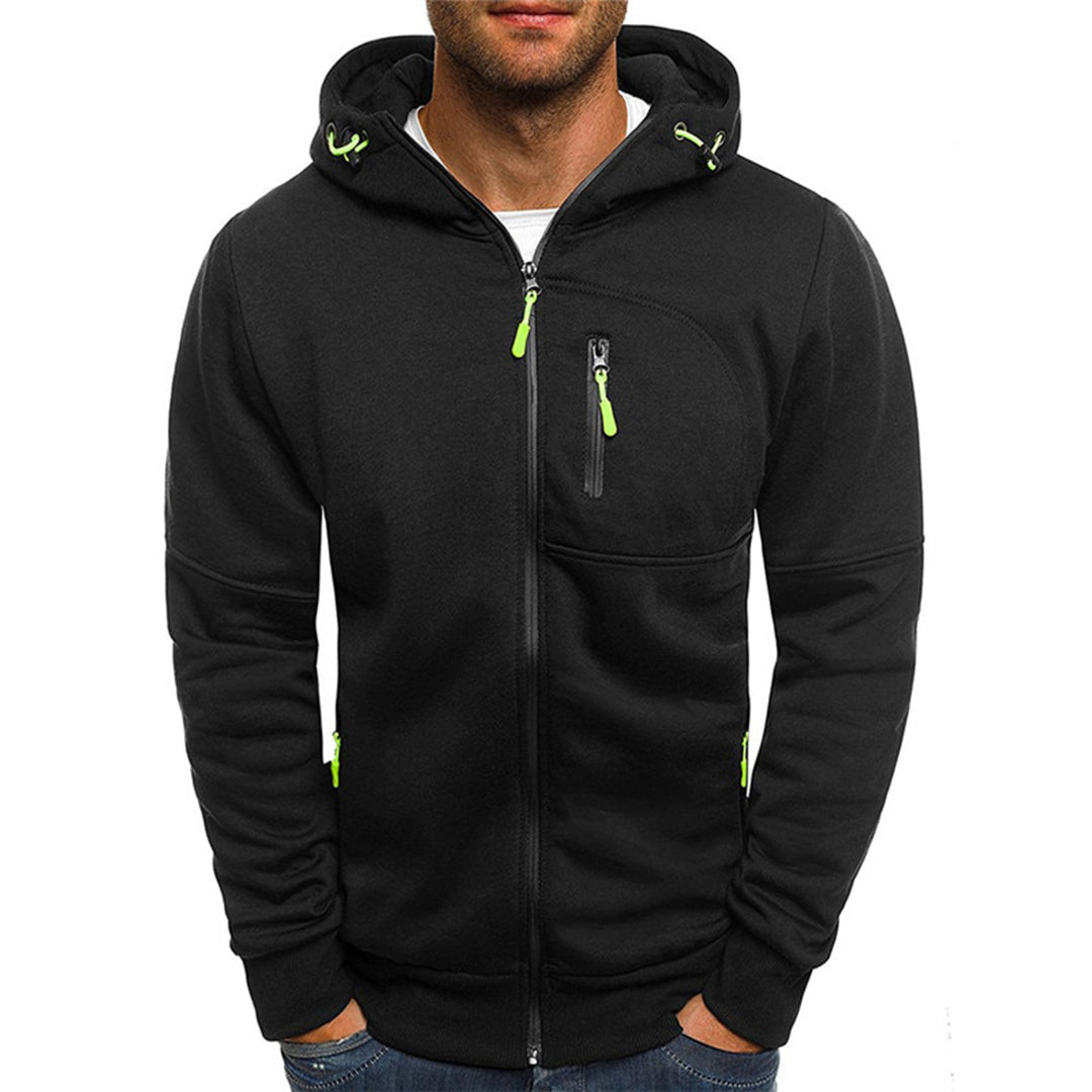 Stilig flerfarget herresweater med hette og glidelås, gir varme og komfort i hverdagen.