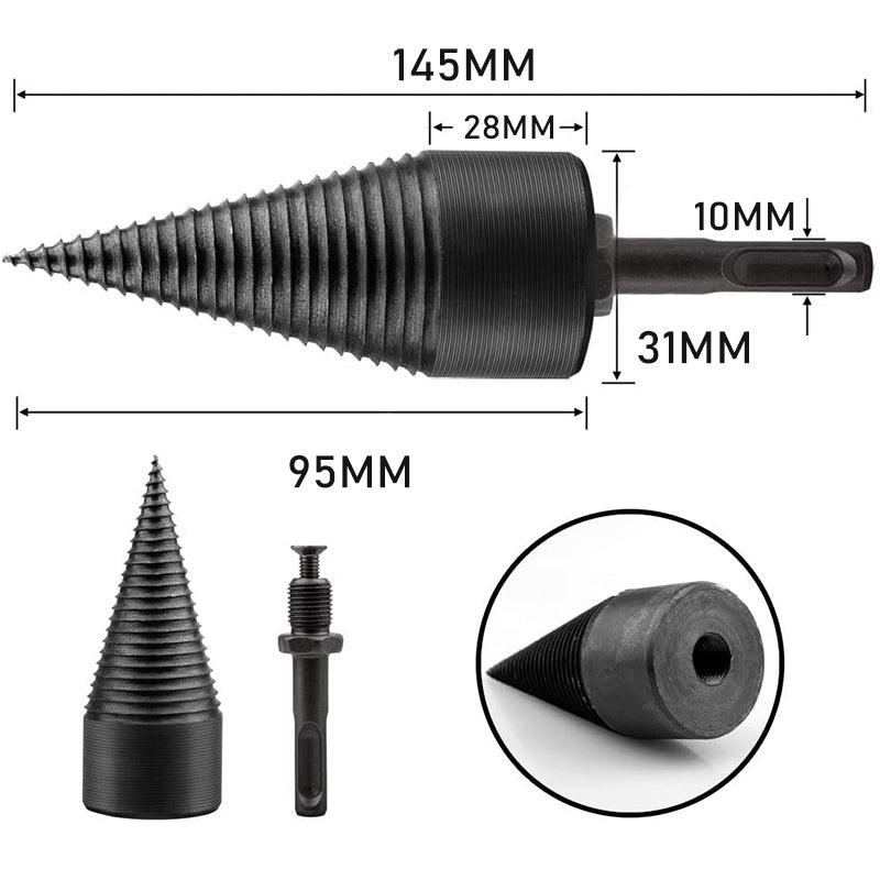 "Hex Shank vedkløyver bor i stål med riflede kanter, perfekt for effektiv trebehandling og allsidig bruk."