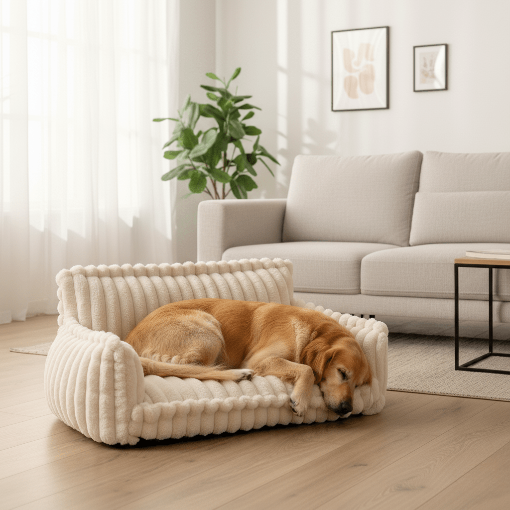 Komfortabel hundesofa med hevet kant. Ideell soveplass for hvile og støtte for kjæledyr.