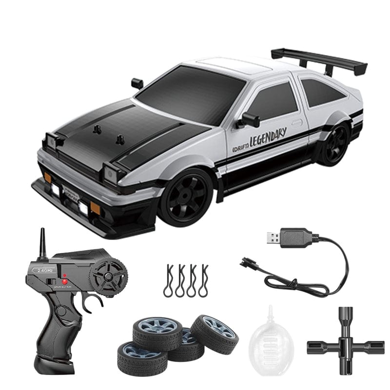 Hvit høyhastighets RC driftbil 4WD i action, perfekt for racing og lek. Skarp detaljert front.