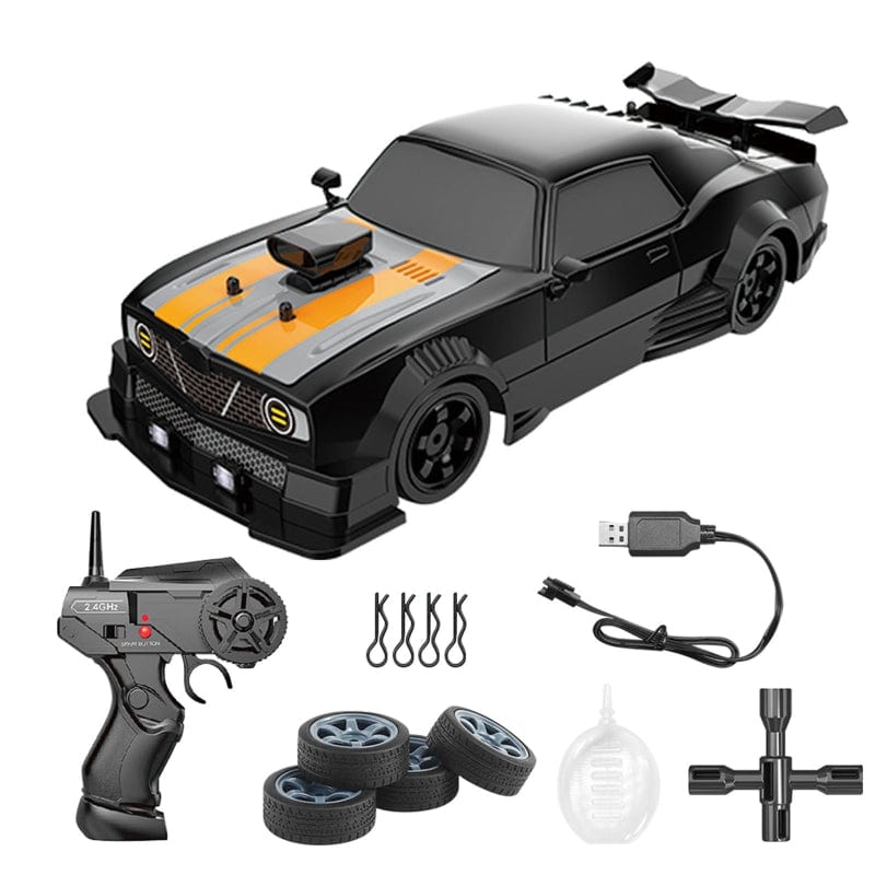 Høyhastighets RC driftbil 4WD med lyse LED-lys på kveldstid, klar for spennende racing og lek.