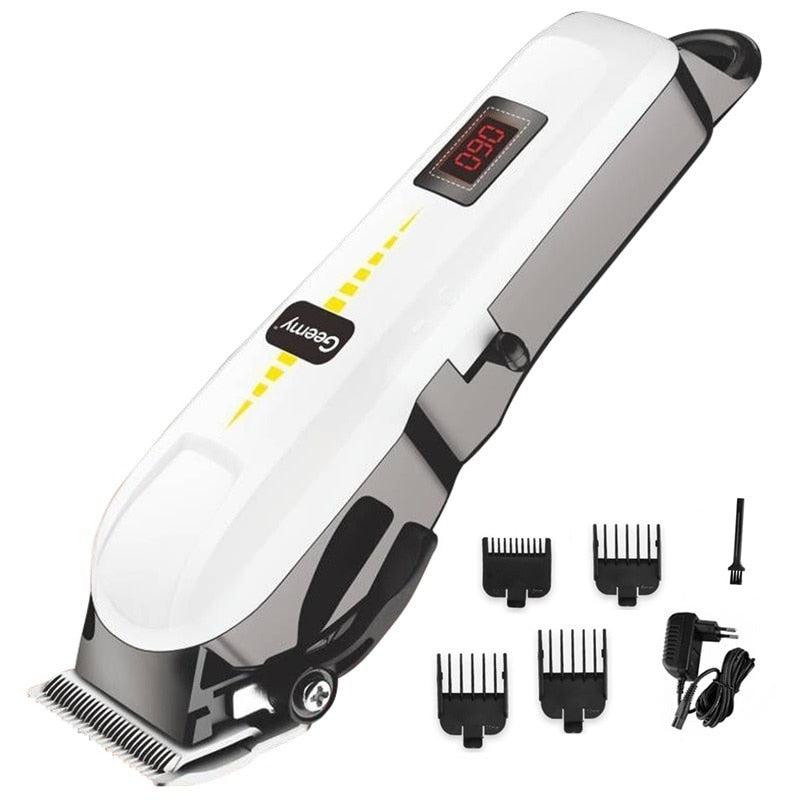 Hvit trådløs hårklipper for profesjonell presisjon hjemme. Batteridrevet hårtrimmer med blad i rustfritt stål.