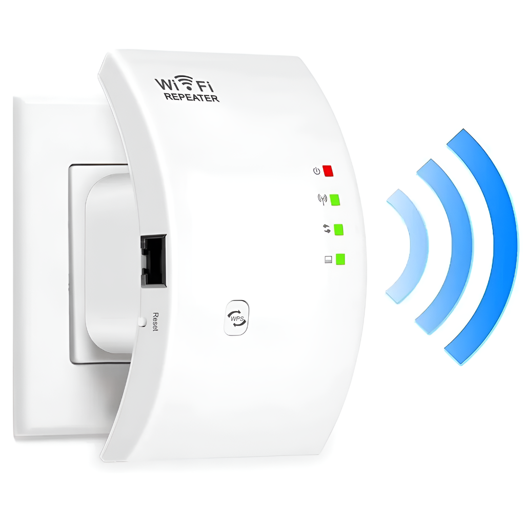 "Hvit trådløs WiFi-signalforsterker med kompakt design for stabil Internett-tilkobling i hjemmet."