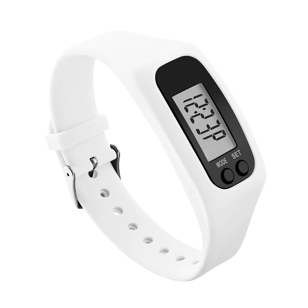 Hvit unisex aktivitetsklokke med skritteller og LED-display, perfekt for trening.