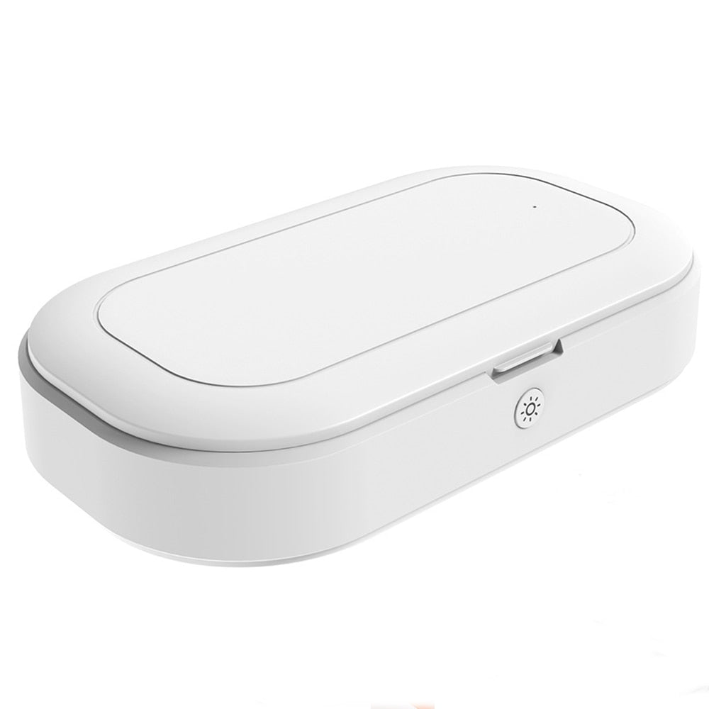 Kompakt UV-sterilisator og trådløs telefonlader med aromaterapifunksjon, ideell for desinfeksjon av mobilutstyr.