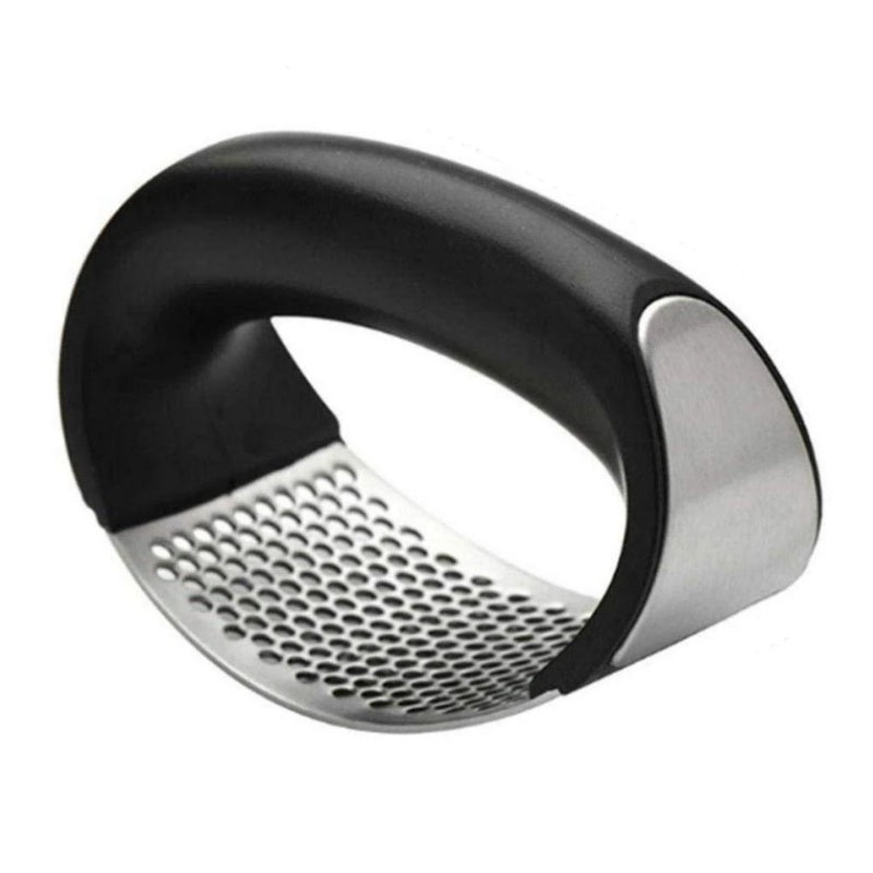 "Hvitløkpress i rustfritt stål med ergonomisk håndtak, skinnende overflate og enkel rengjøring for effektiv matlaging."