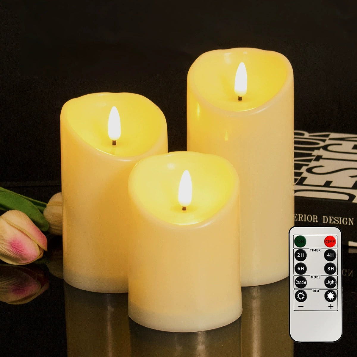 LED Block Candles Set - 3 Pcs. - 3D Flame - Multiple Colors