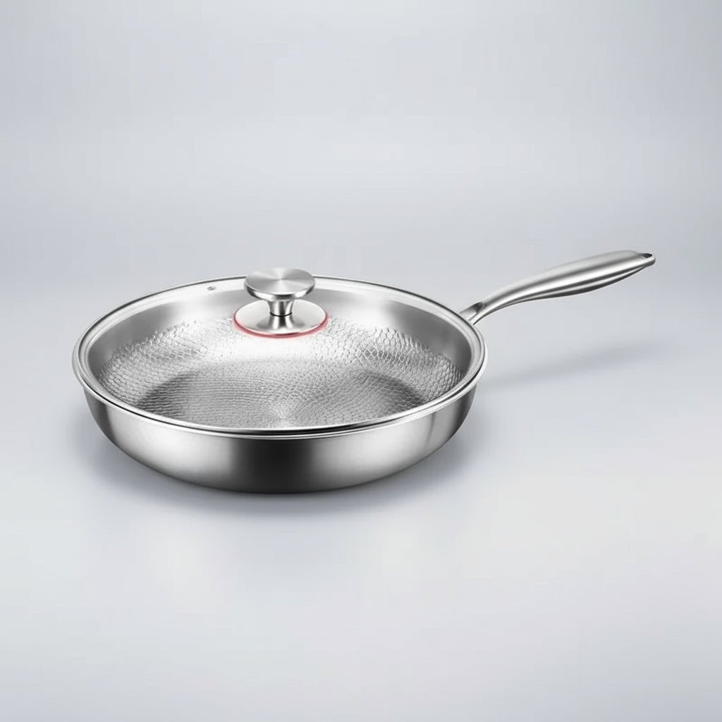 Ergonomisk håndtak på håndhamret induksjons stekepanne i titan. Nonstick og god balanse for matlaging.