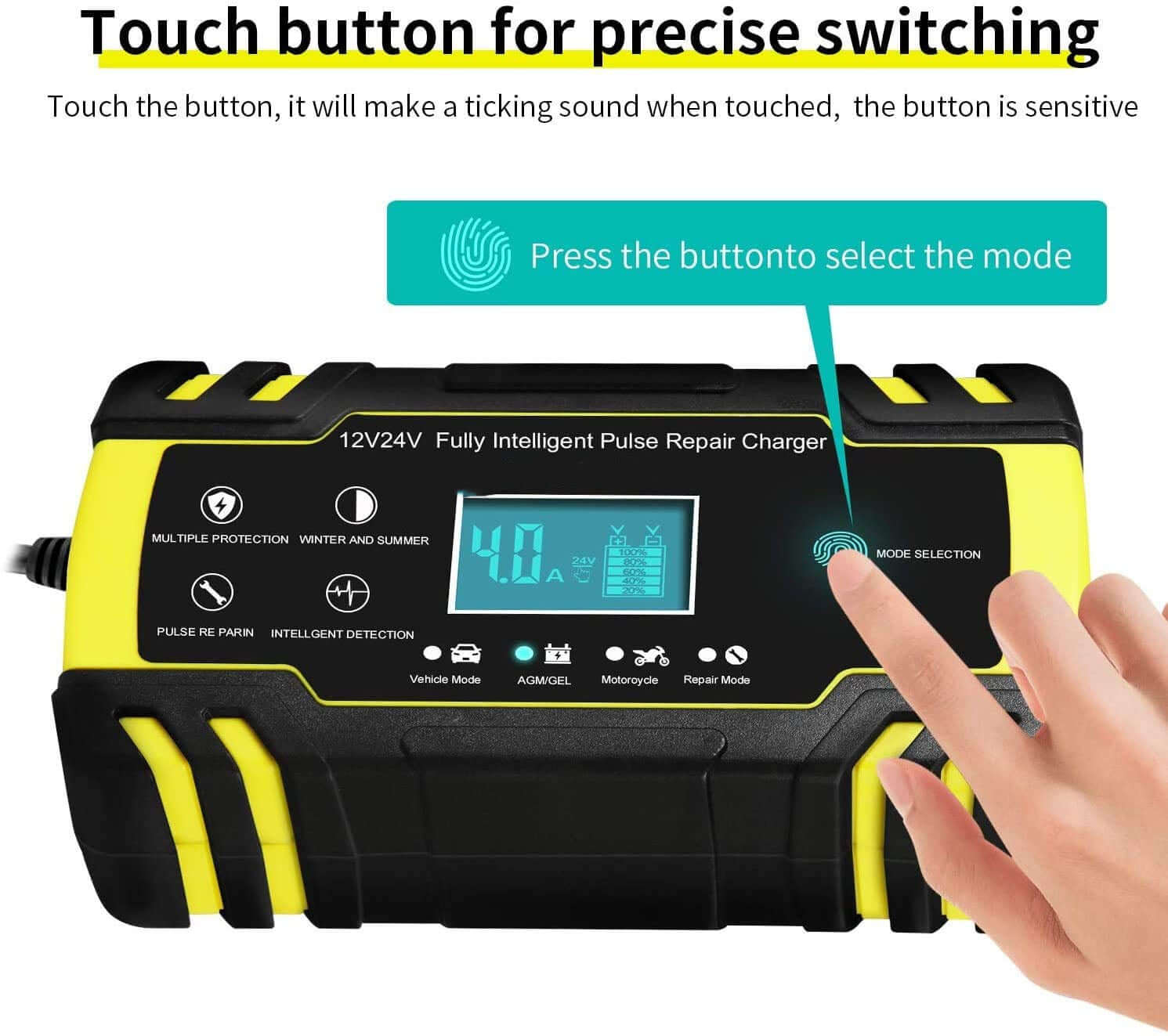 Intelligent 12V/24V batterilader med LCD touchskjerm, avanserte sikkerhetsfunksjoner og slankt design for kjøretøy.