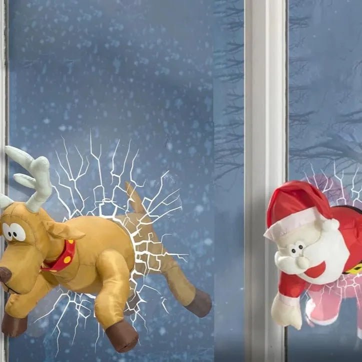 Nærvisning av interaktiv julevindusdekorasjon med detaljerte figurer av julenisse og reinsdyr