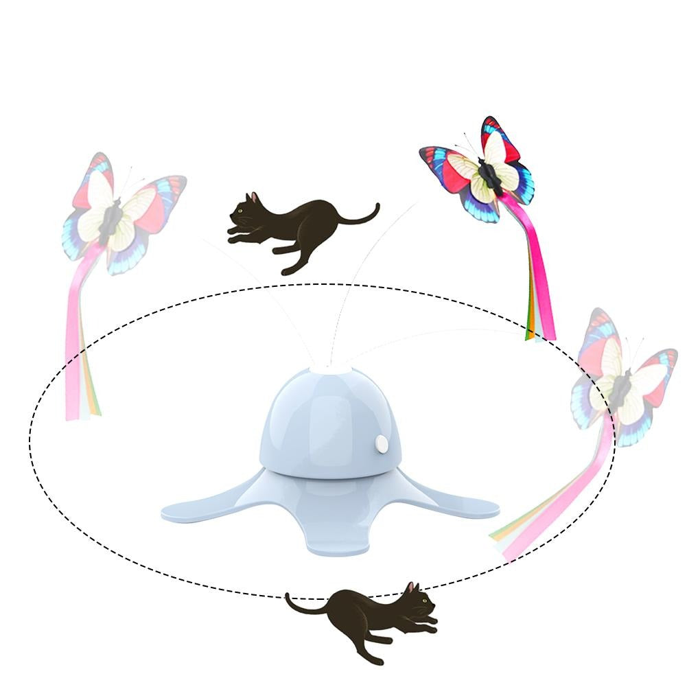 Katt engasjert i lek med automatisk sommerfugl-katteleke. Perfekt for trening og mental stimulering.