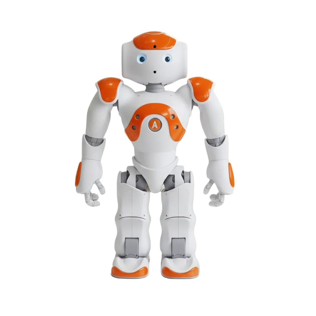 Interaktiv læringsrobot for barn, hvit og blå, stimulerer kreativitet og teknologi.