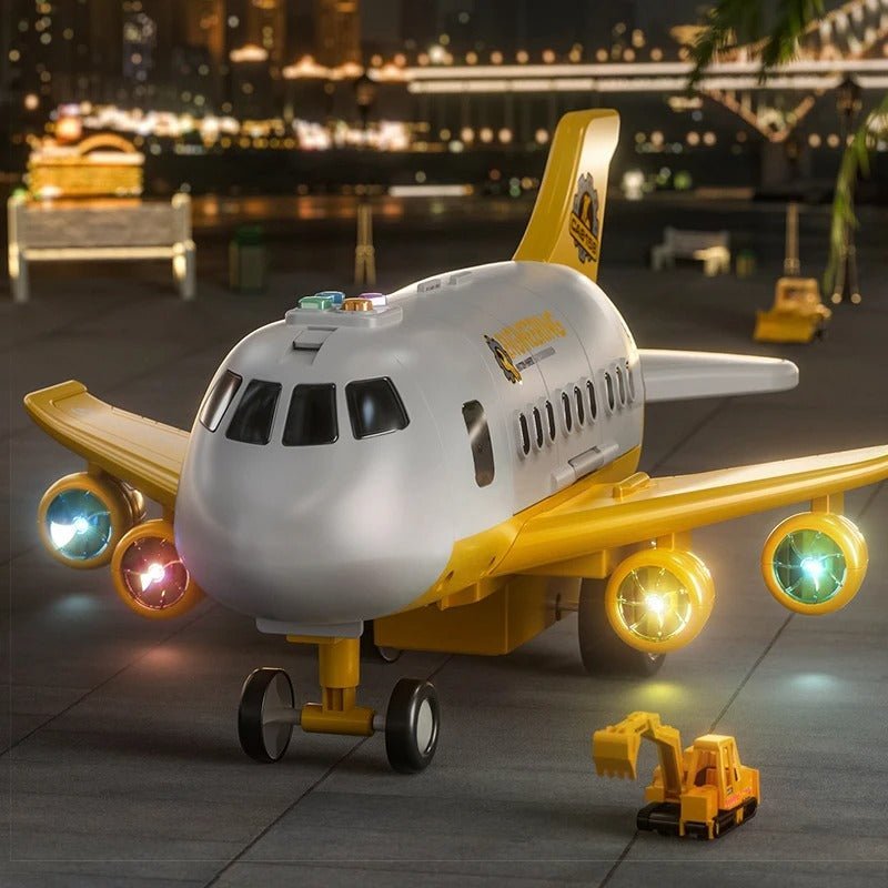Gult interaktivt leketøysfly med LED-lys som lyser, detaljer av propeller og vinger