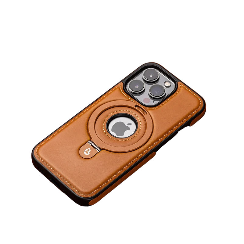 iPhone-deksel i sort PU-skinn med integrert magnetisk stativ for handsfree-visning.