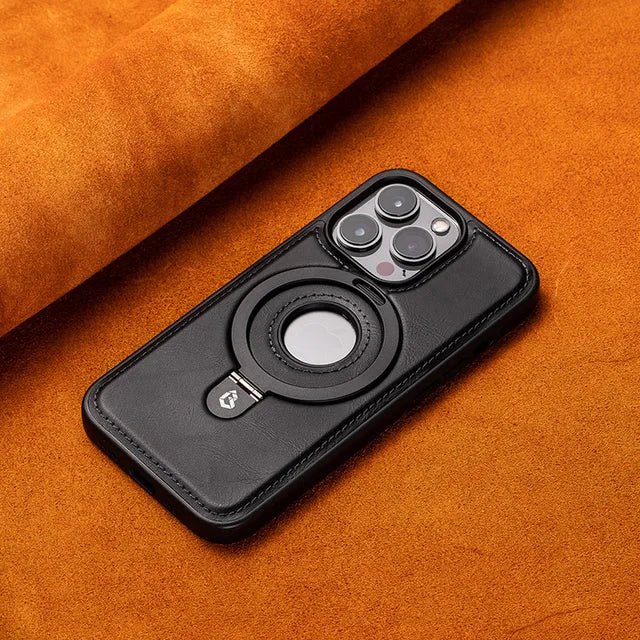 iPhone-deksel i PU-skinn med integrert magnetisk stativ for komfortabel medievisning.